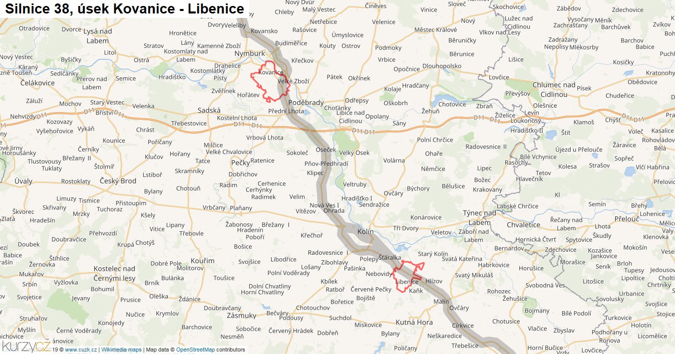 Úsek Kovanice - Libenice, Silnice 38 - Mapa