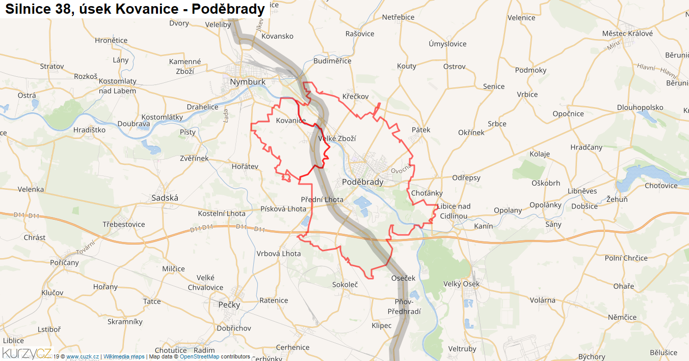 Úsek Kovanice - Poděbrady, Silnice 38 - Mapa