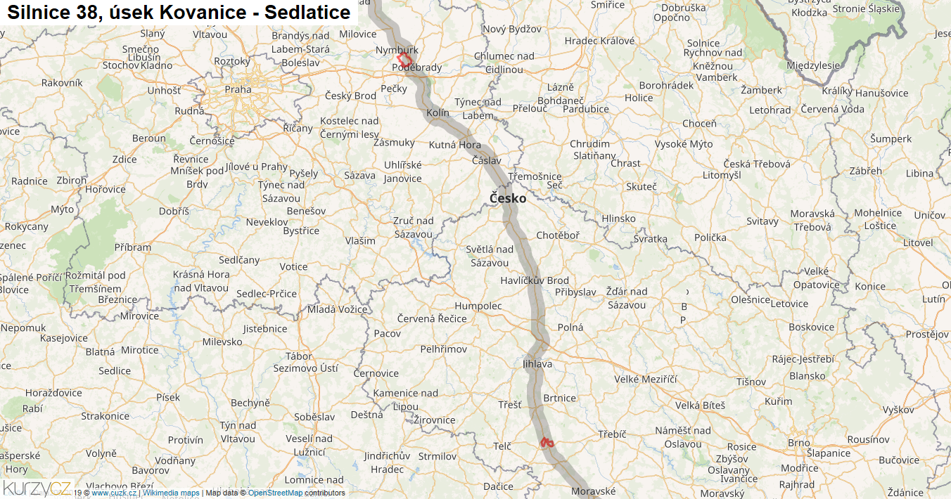 Úsek Kovanice - Sedlatice, Silnice 38 - Mapa