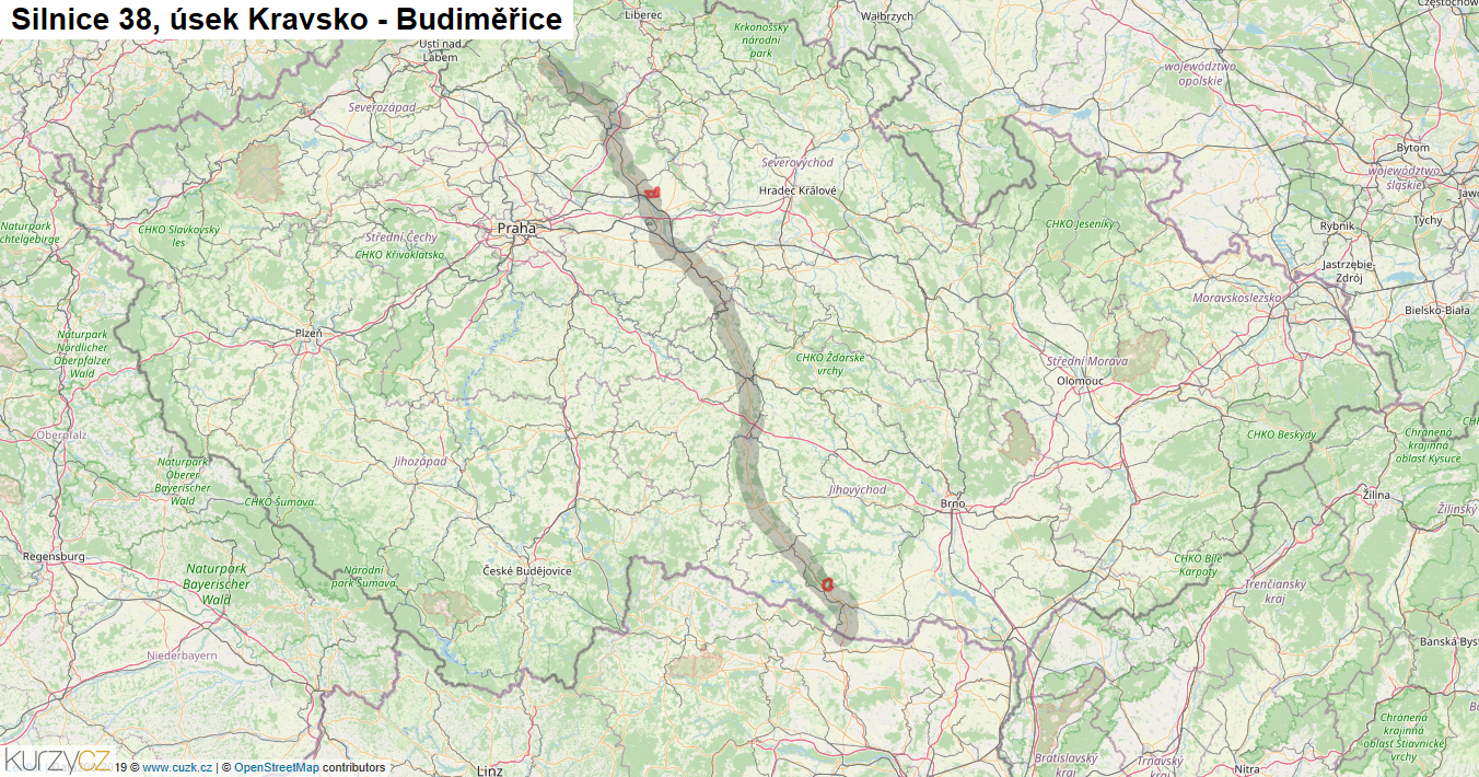 Úsek Kravsko - Budiměřice, Silnice 38 - Mapa