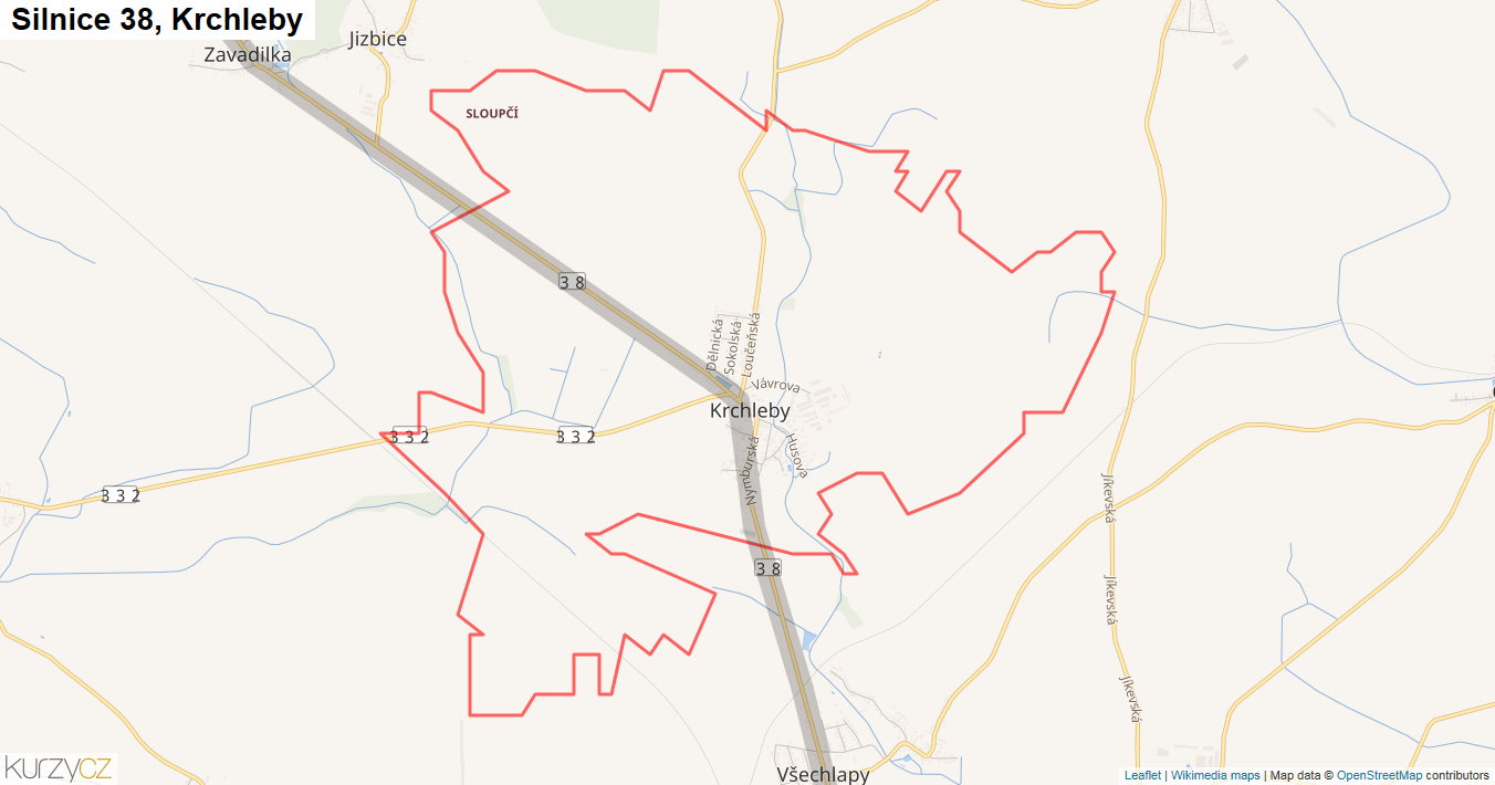 Krchleby, Silnice 38 - Mapa