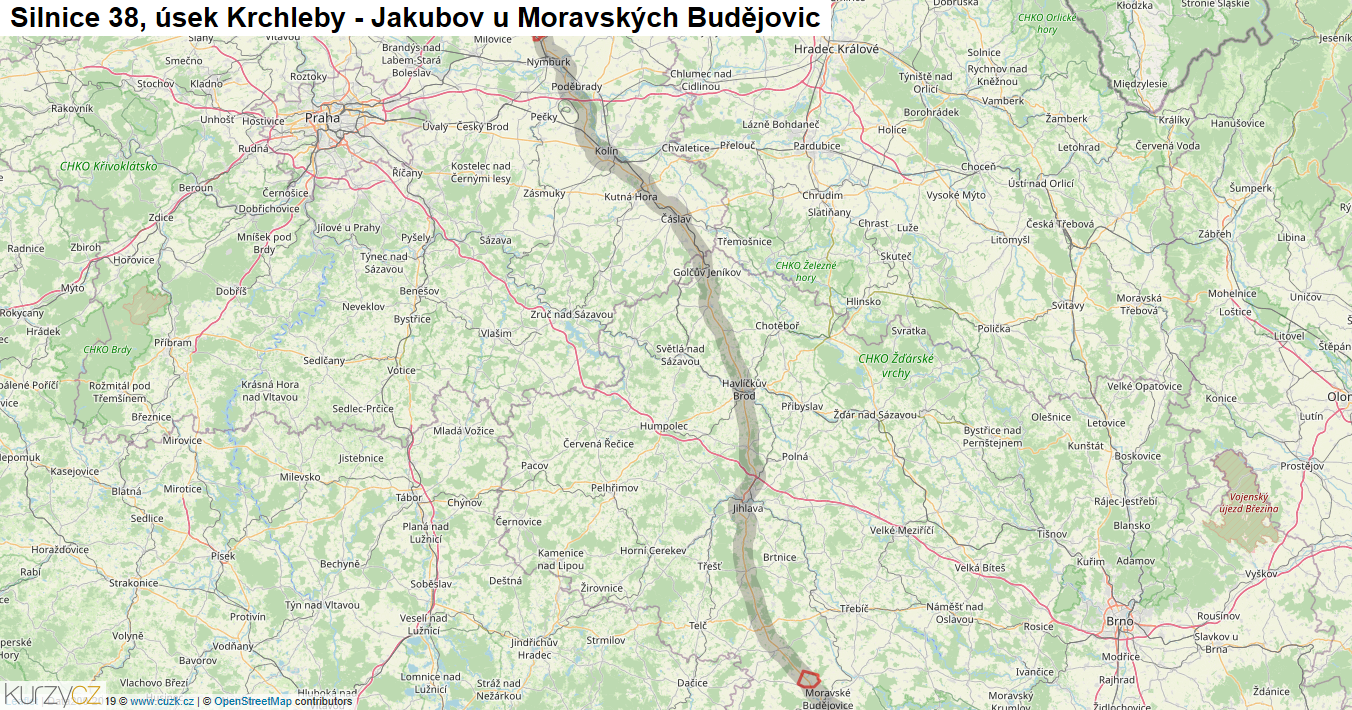 Úsek Krchleby - Jakubov u Moravských Budějovic, Silnice 38 - Mapa