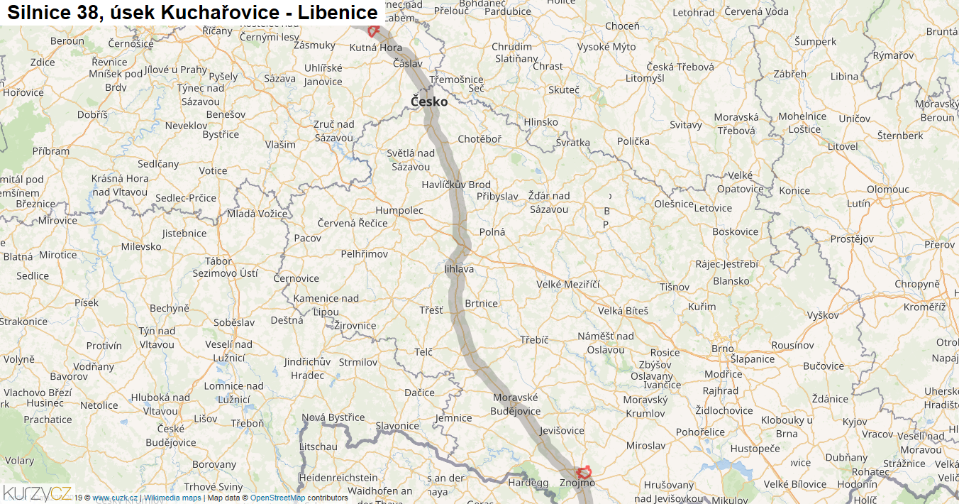 Úsek Kuchařovice - Libenice, Silnice 38 - Mapa
