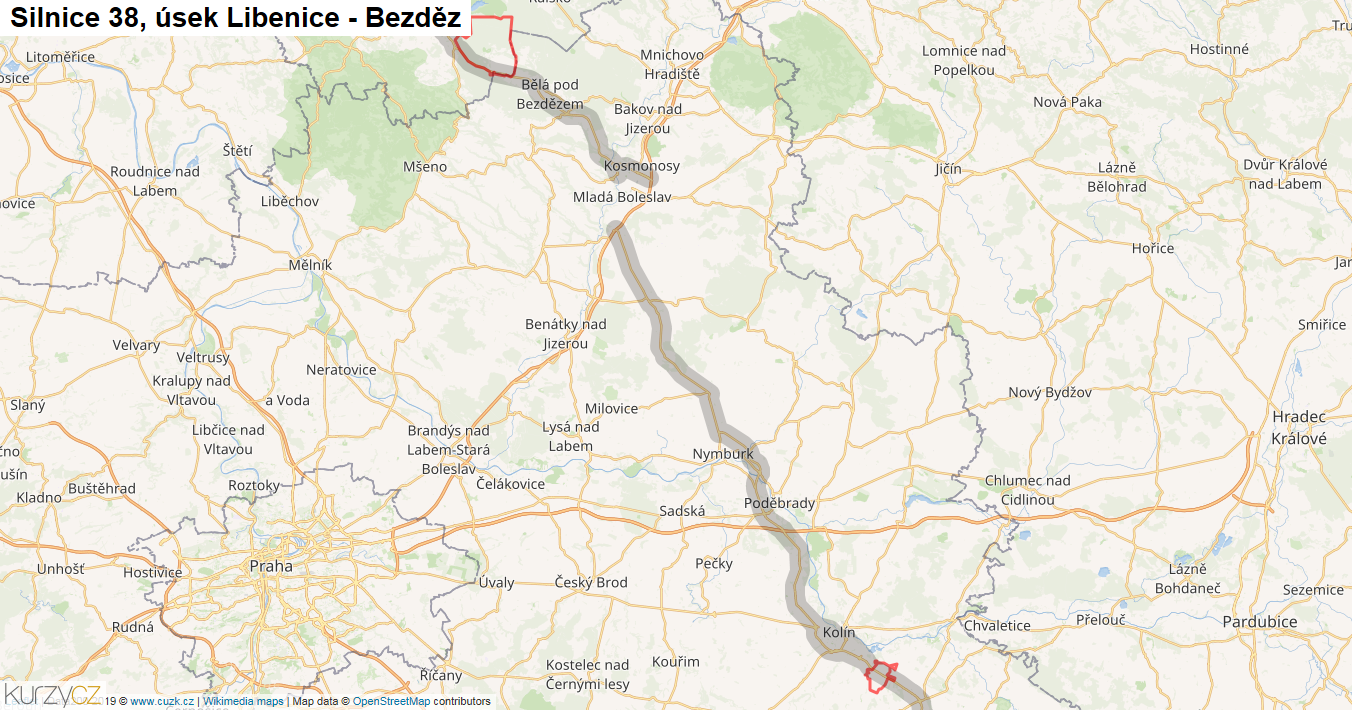 Úsek Libenice - Bezděz, Silnice 38 - Mapa