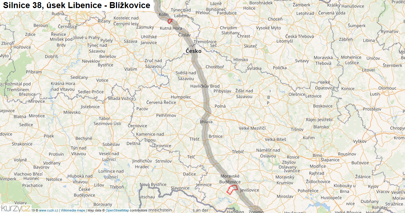 Úsek Libenice - Blížkovice, Silnice 38 - Mapa