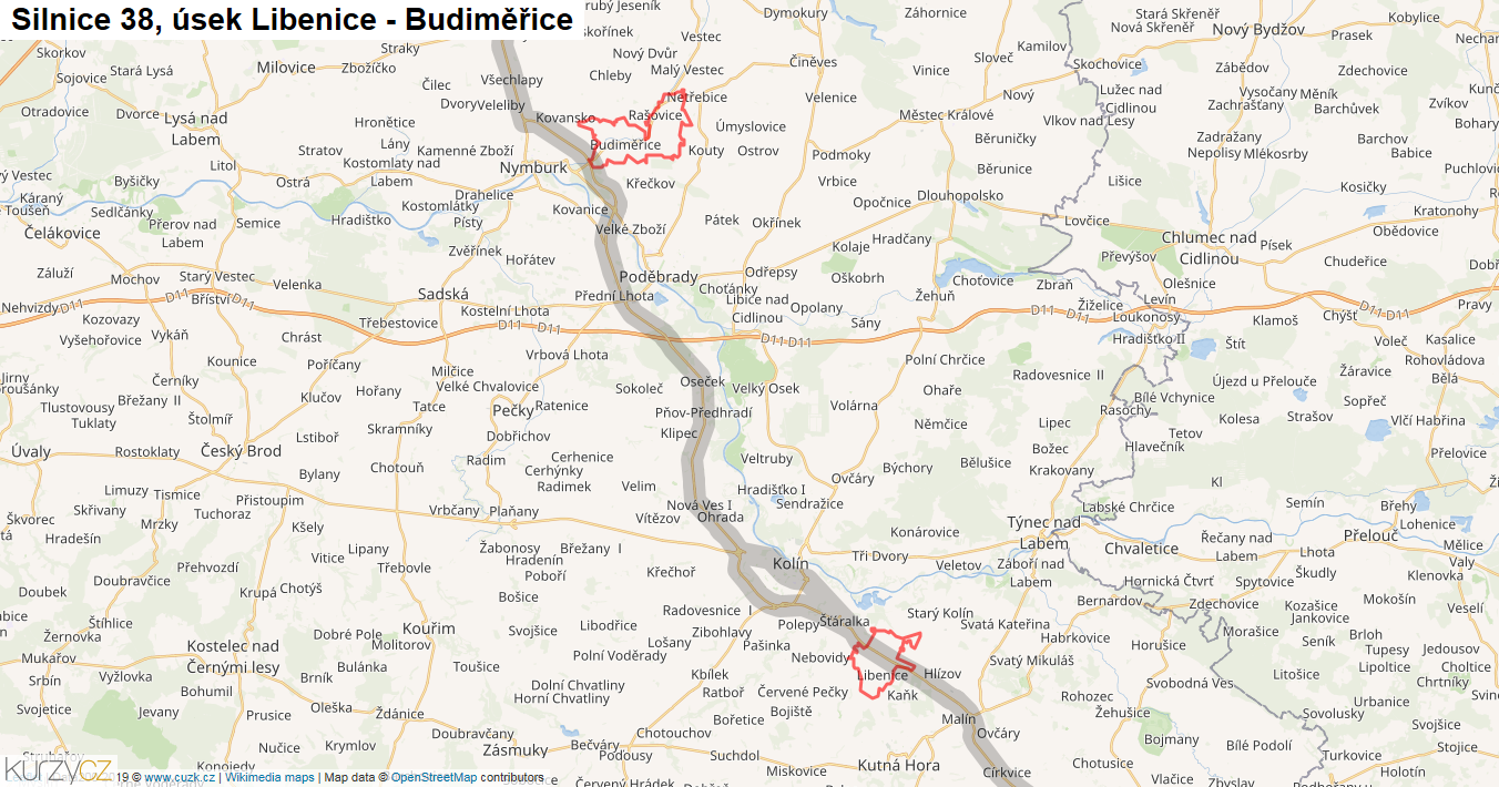 Úsek Libenice - Budiměřice, Silnice 38 - Mapa