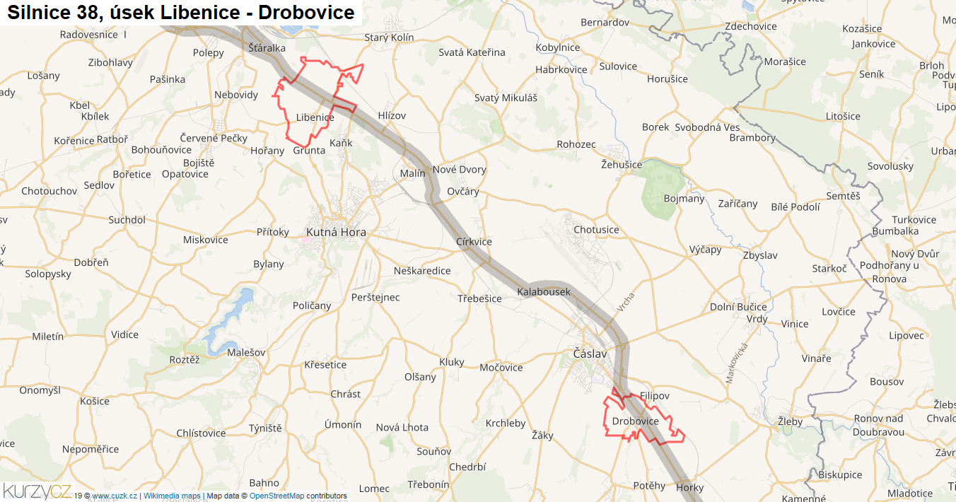 Úsek Libenice - Drobovice, Silnice 38 - Mapa