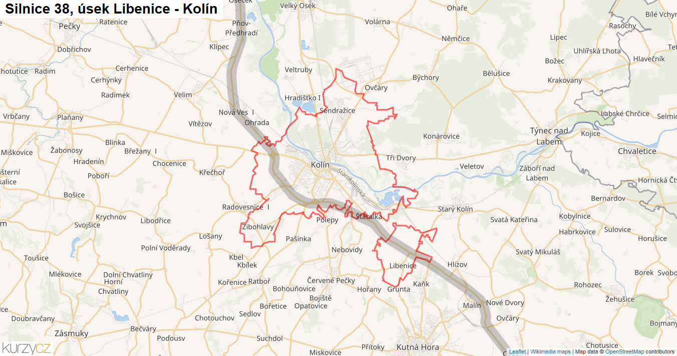 Úsek Libenice - Kolín, Silnice 38 - Mapa
