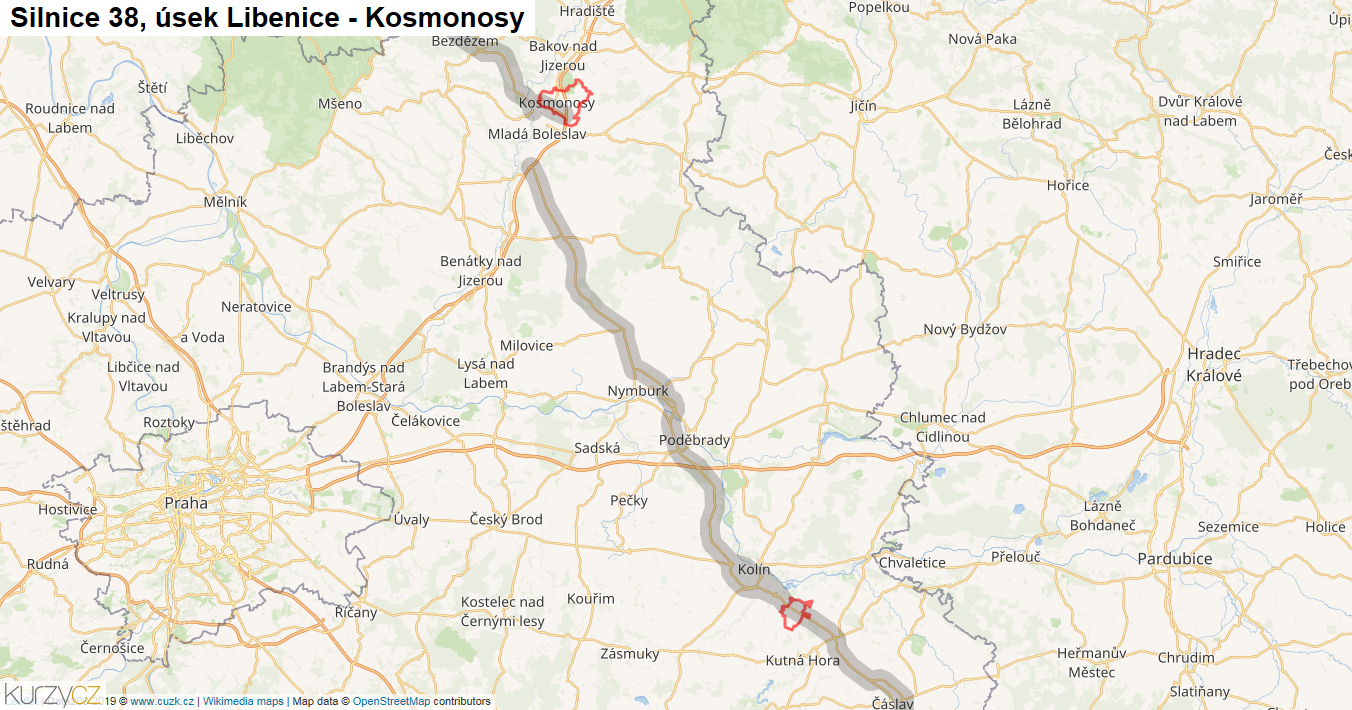 Úsek Libenice - Kosmonosy, Silnice 38 - Mapa