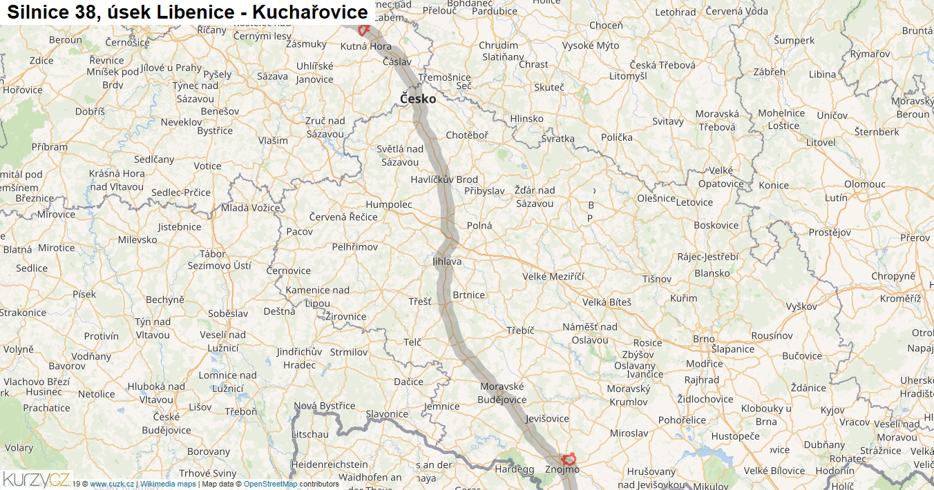 Úsek Libenice - Kuchařovice, Silnice 38 - Mapa