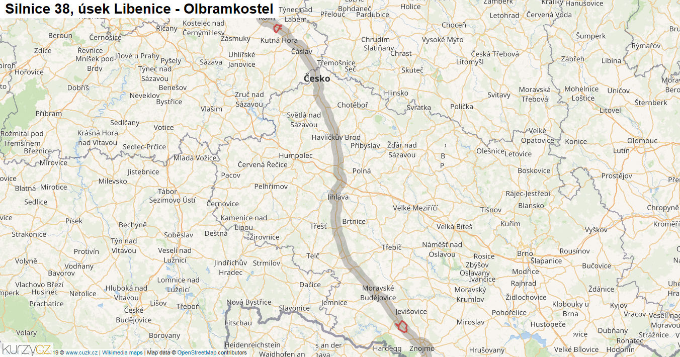 Úsek Libenice - Olbramkostel, Silnice 38 - Mapa