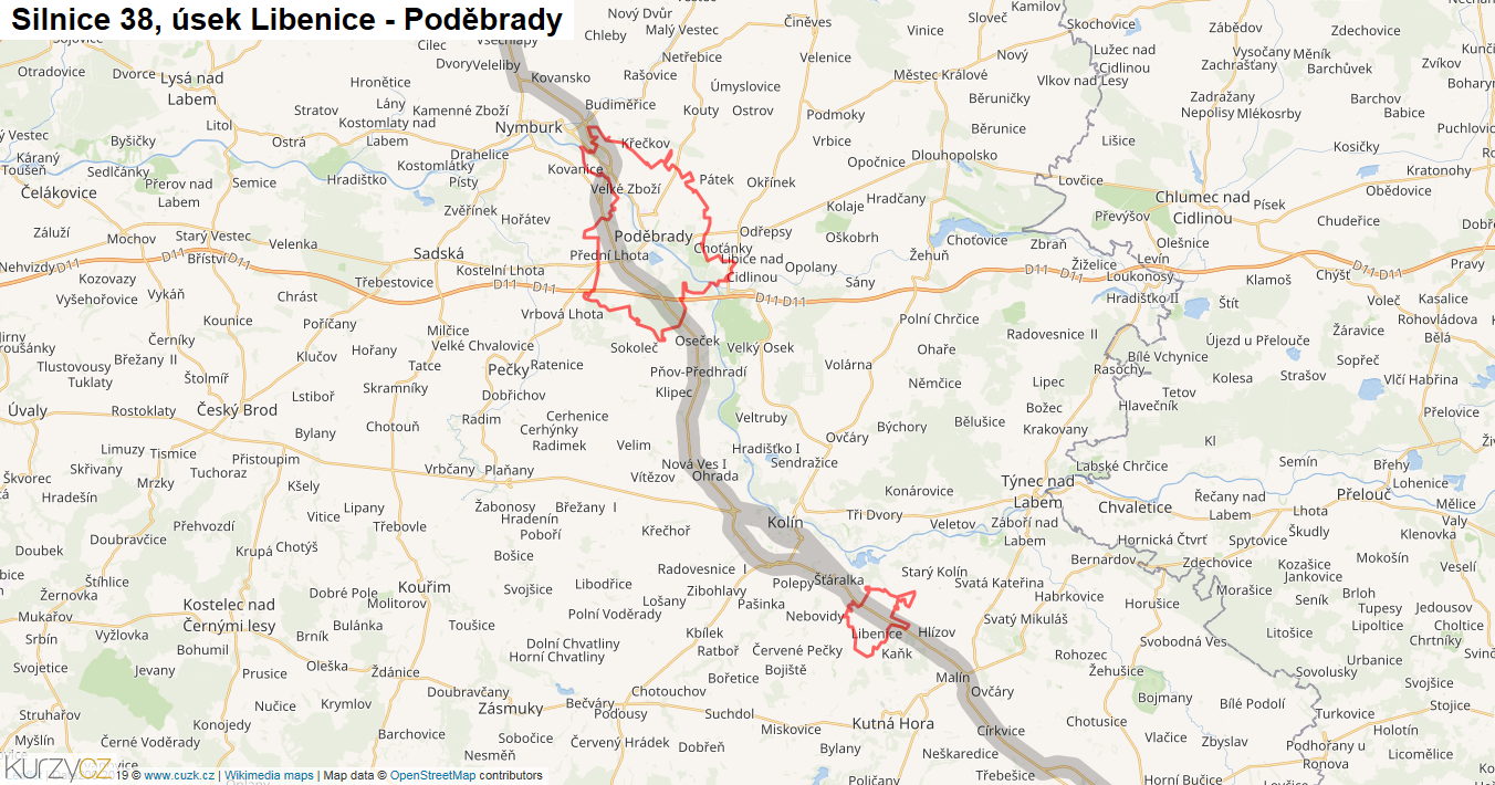 Úsek Libenice - Poděbrady, Silnice 38 - Mapa