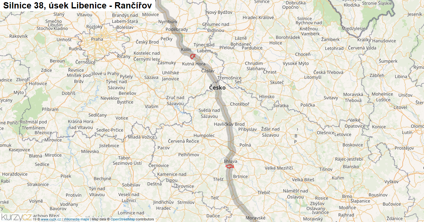 Úsek Libenice - Rančířov, Silnice 38 - Mapa