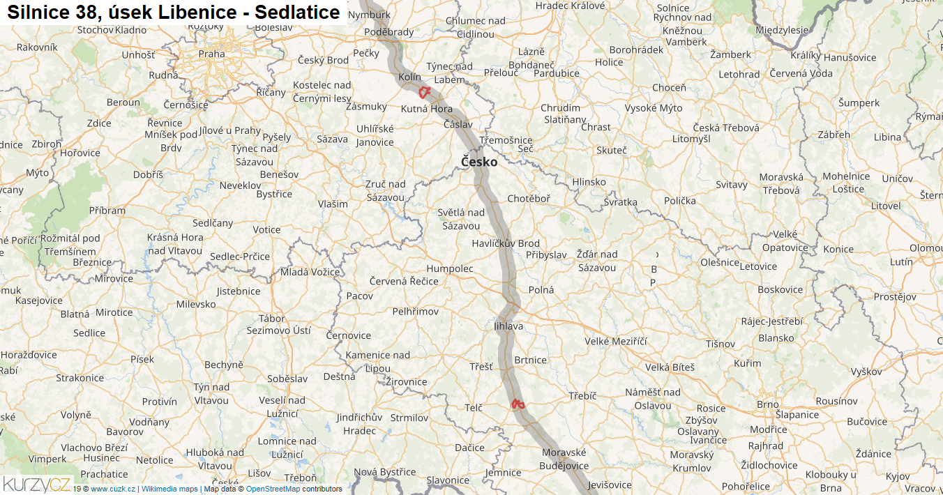 Úsek Libenice - Sedlatice, Silnice 38 - Mapa