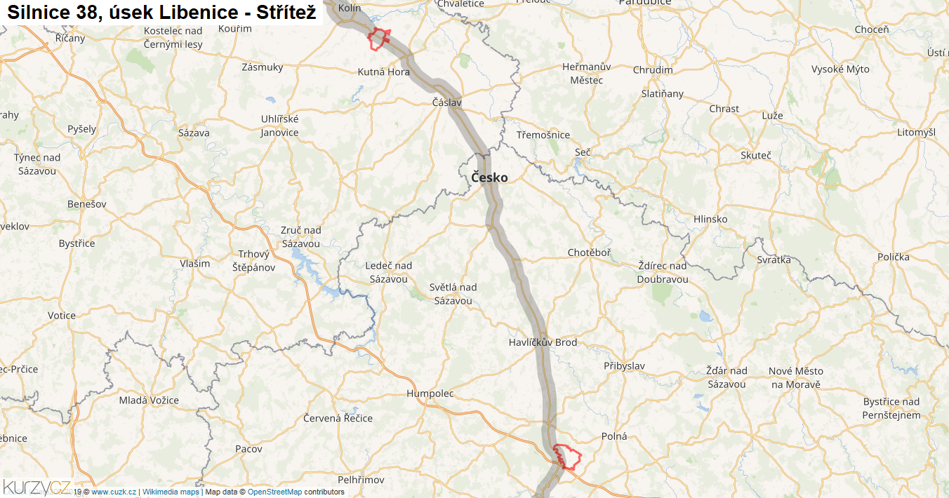 Úsek Libenice - Střítež, Silnice 38 - Mapa