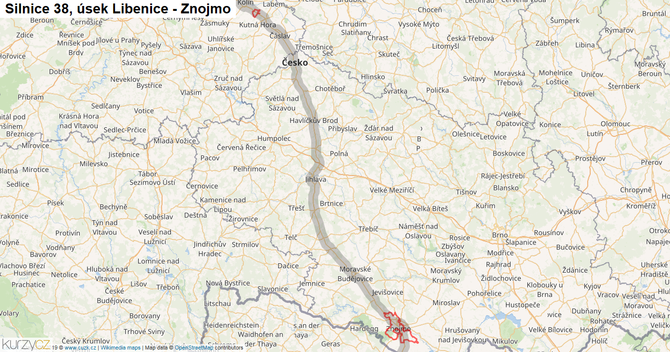 Úsek Libenice - Znojmo, Silnice 38 - Mapa