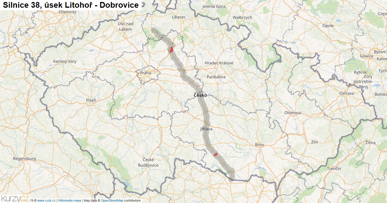 Úsek Litohoř - Dobrovice, Silnice 38 - Mapa