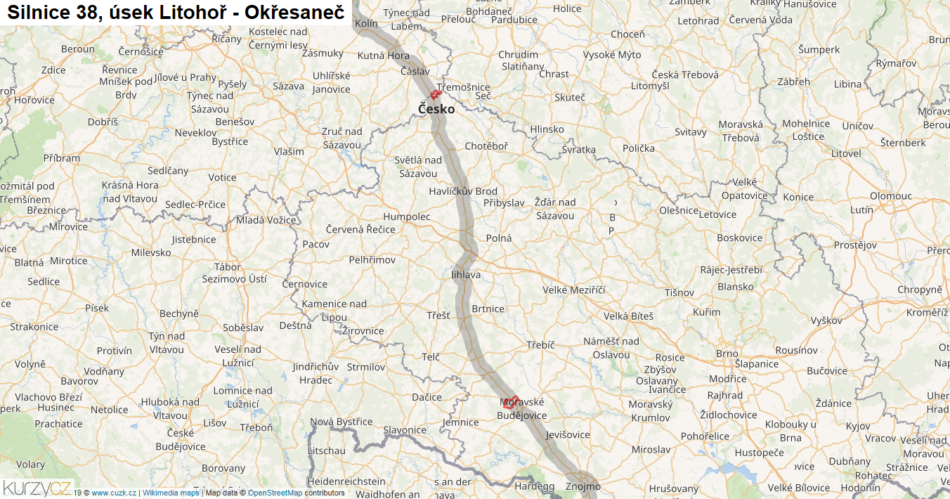 Úsek Litohoř - Okřesaneč, Silnice 38 - Mapa