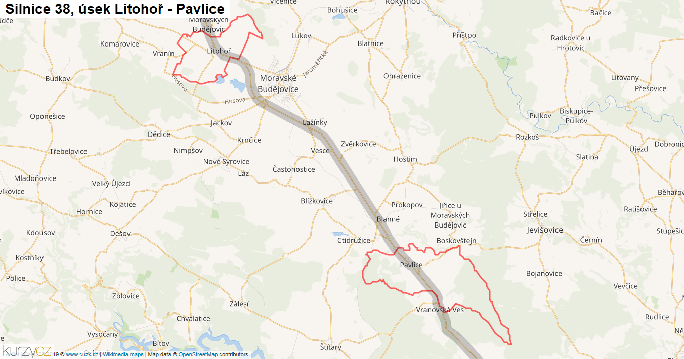 Úsek Litohoř - Pavlice, Silnice 38 - Mapa
