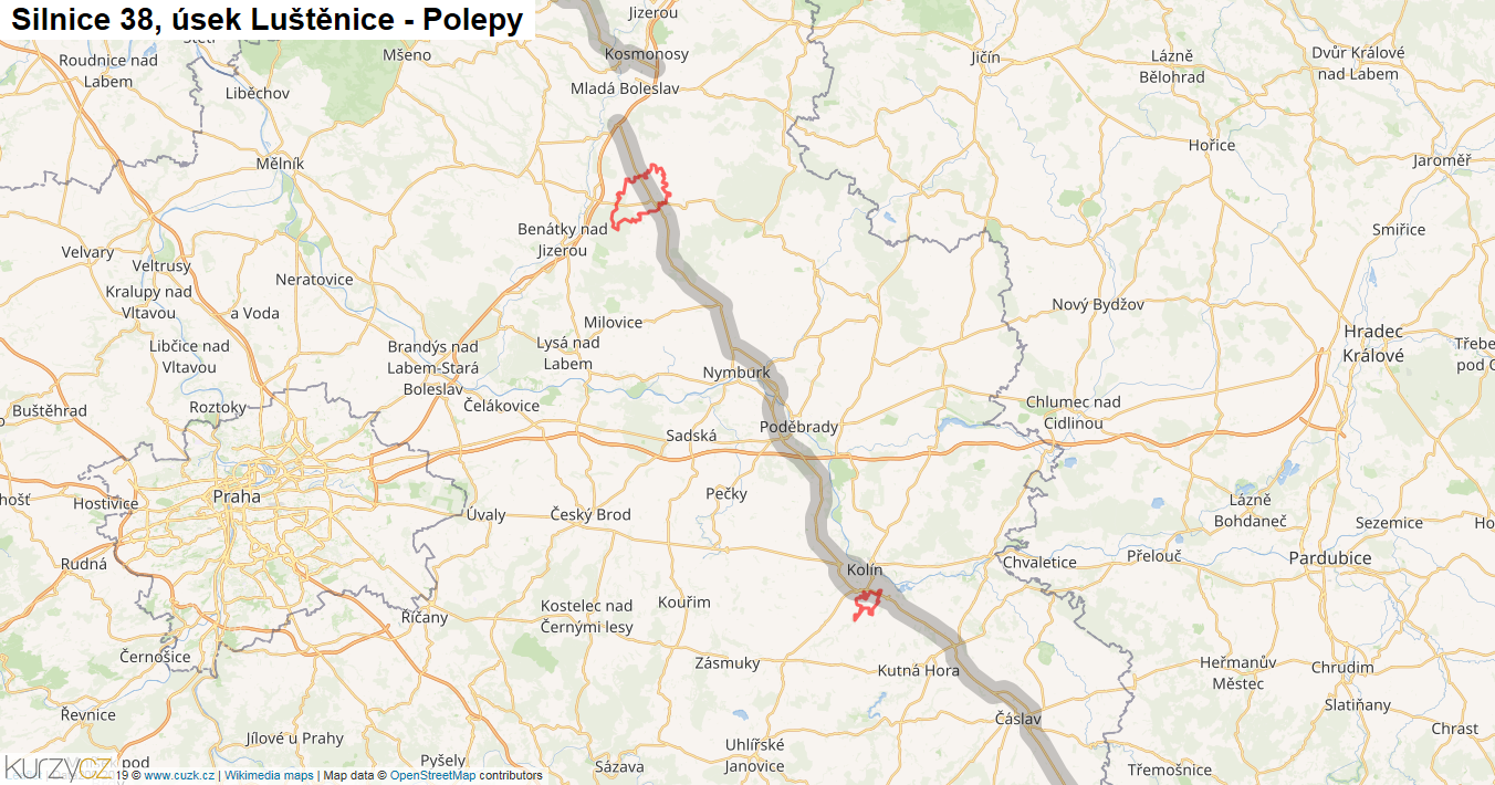 Úsek Luštěnice - Polepy, Silnice 38 - Mapa