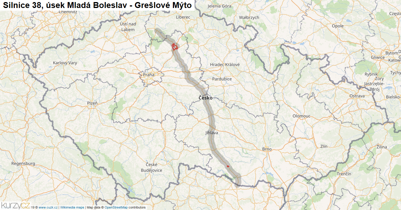 Úsek Mladá Boleslav - Grešlové Mýto, Silnice 38 - Mapa