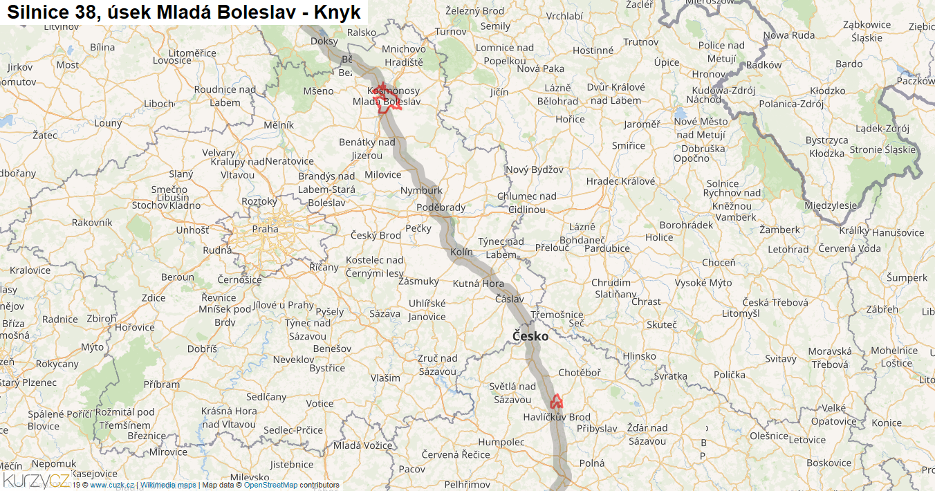 Úsek Mladá Boleslav - Knyk, Silnice 38 - Mapa