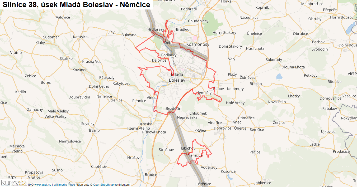 Úsek Mladá Boleslav - Němčice, Silnice 38 - Mapa