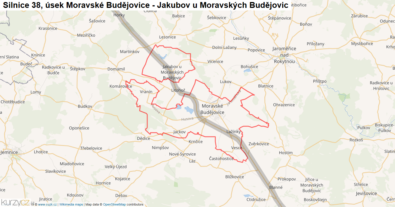 Úsek Moravské Budějovice - Jakubov u Moravských Budějovic, Silnice 38 - Mapa