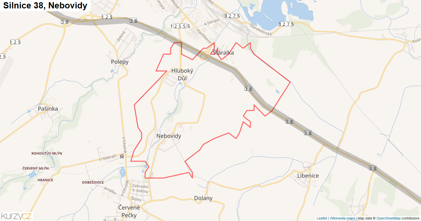 Nebovidy, Silnice 38 - Mapa