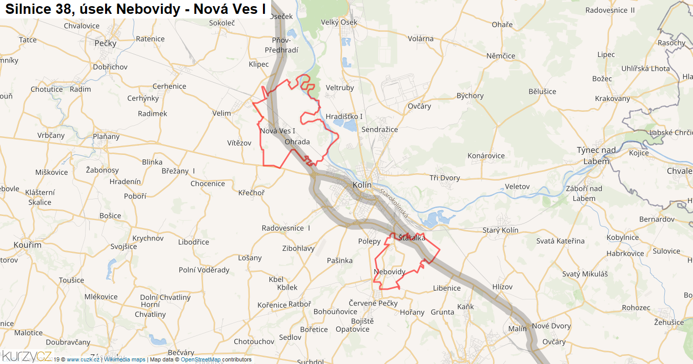 Úsek Nebovidy - Nová Ves I, Silnice 38 - Mapa