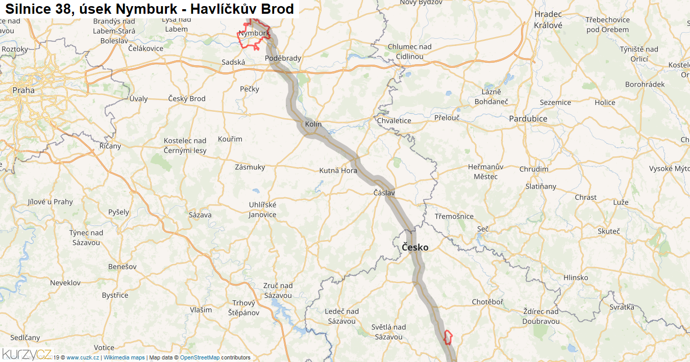 Úsek Nymburk - Havlíčkův Brod, Silnice 38 - Mapa