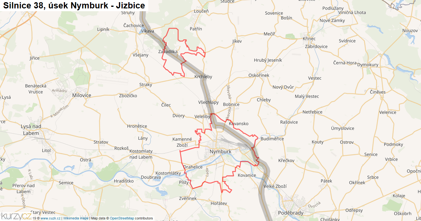 Úsek Nymburk - Jizbice, Silnice 38 - Mapa