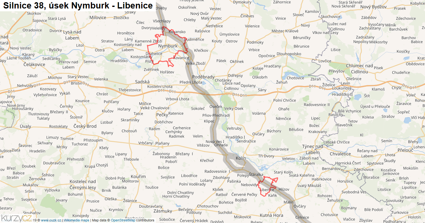 Úsek Nymburk - Libenice, Silnice 38 - Mapa