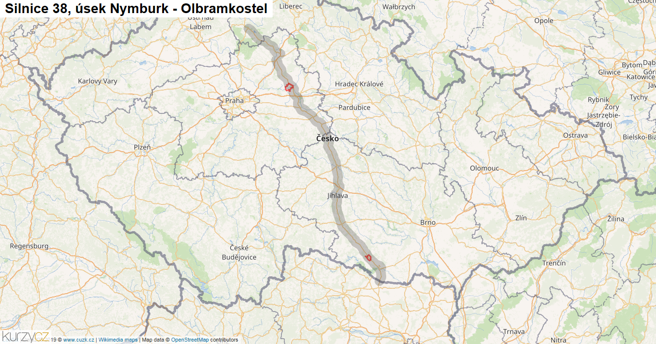 Úsek Nymburk - Olbramkostel, Silnice 38 - Mapa