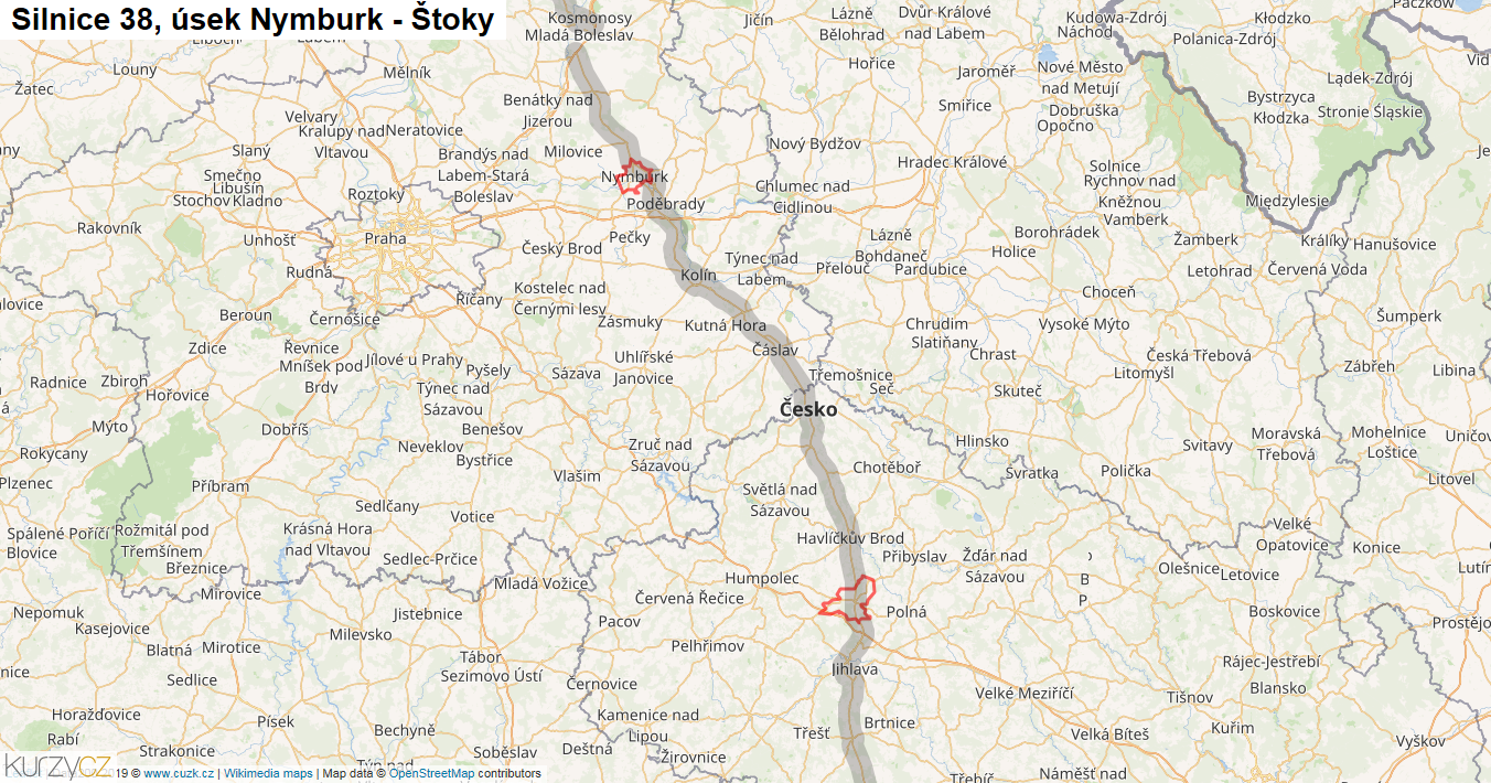 Úsek Nymburk - Štoky, Silnice 38 - Mapa