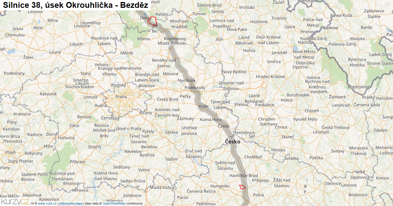 Úsek Okrouhlička - Bezděz, Silnice 38 - Mapa