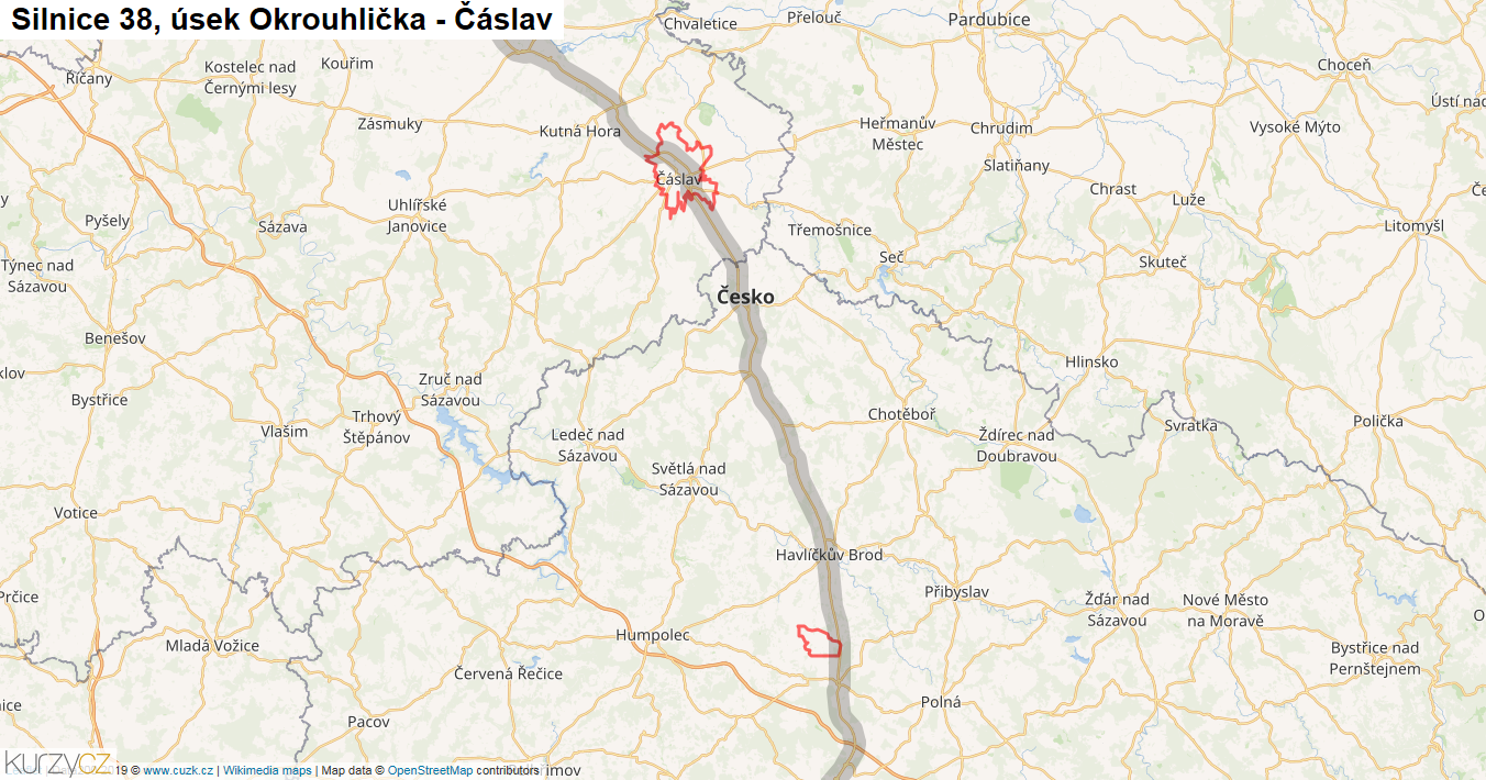 Úsek Okrouhlička - Čáslav, Silnice 38 - Mapa