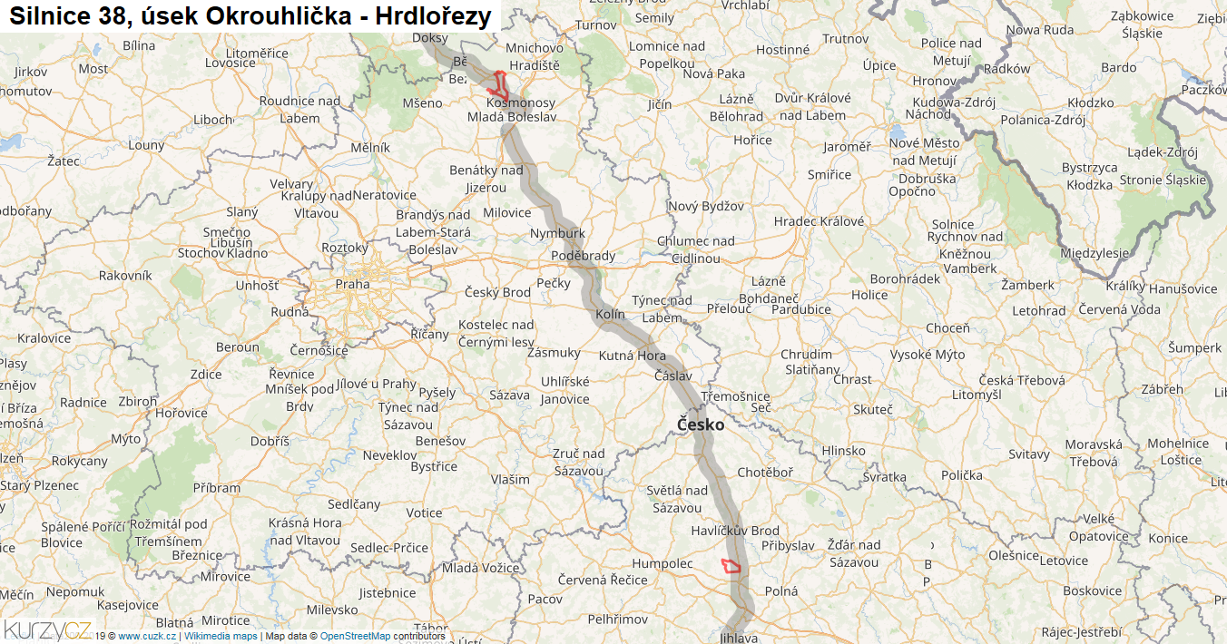 Úsek Okrouhlička - Hrdlořezy, Silnice 38 - Mapa