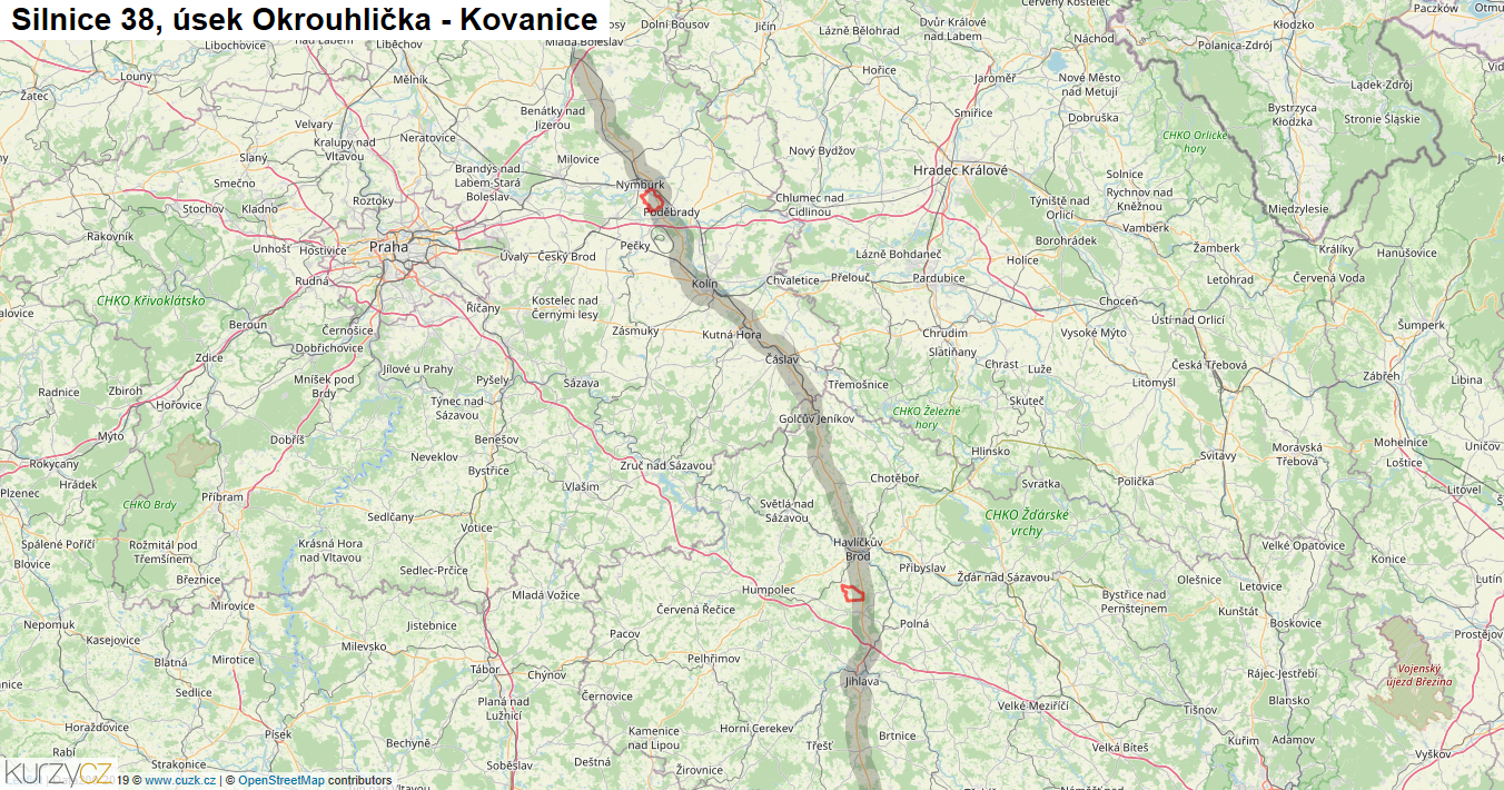 Úsek Okrouhlička - Kovanice, Silnice 38 - Mapa