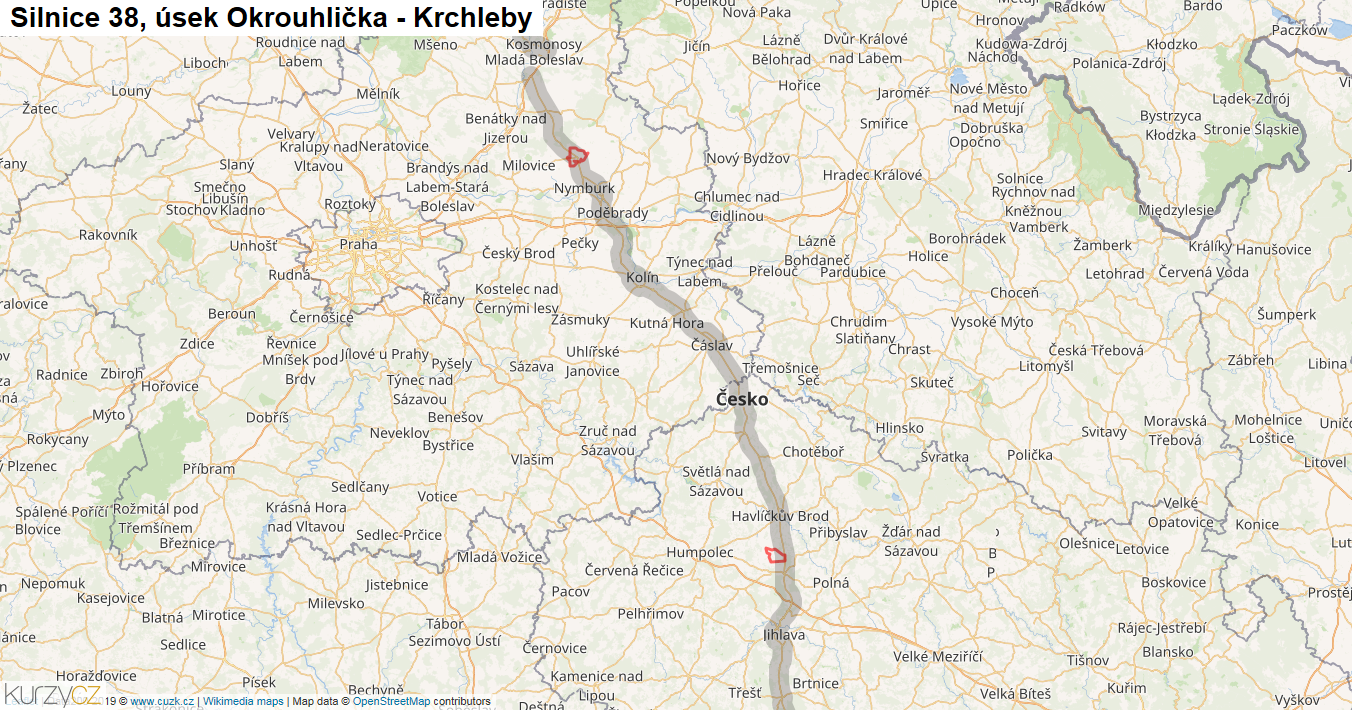 Úsek Okrouhlička - Krchleby, Silnice 38 - Mapa