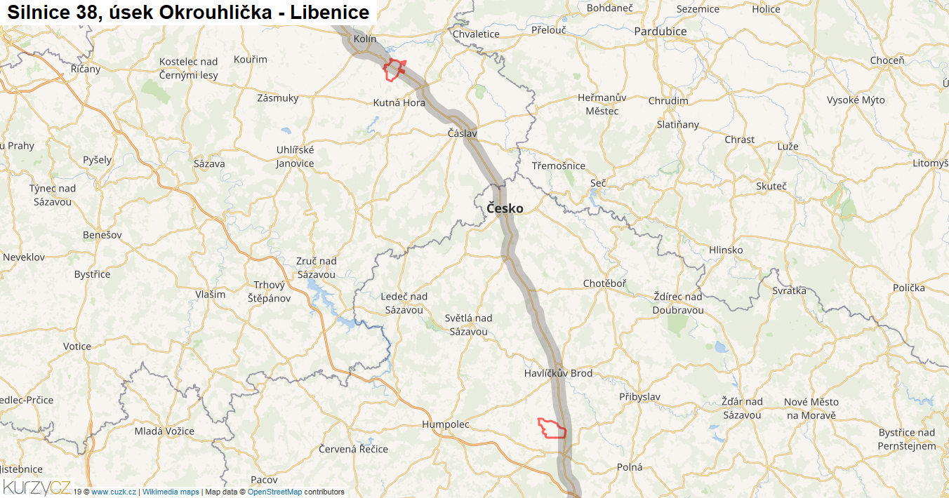 Úsek Okrouhlička - Libenice, Silnice 38 - Mapa