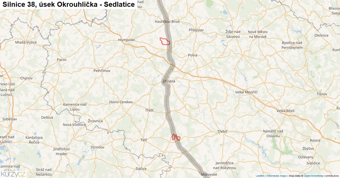 Úsek Okrouhlička - Sedlatice, Silnice 38 - Mapa