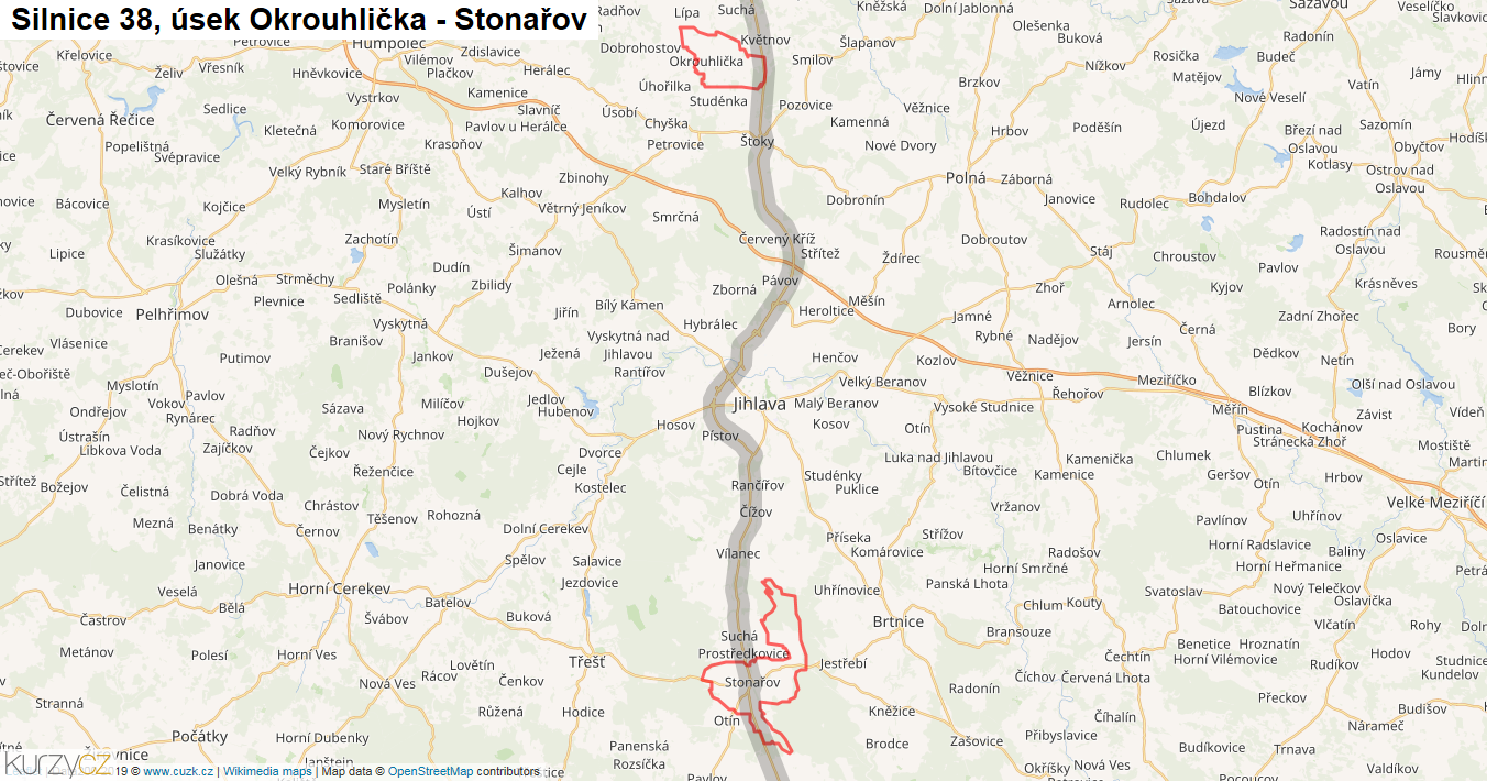 Úsek Okrouhlička - Stonařov, Silnice 38 - Mapa