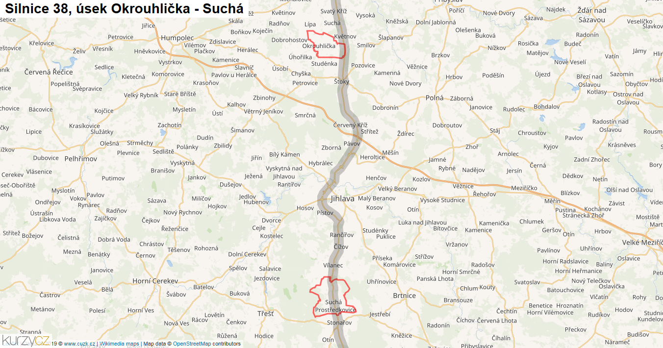 Úsek Okrouhlička - Suchá, Silnice 38 - Mapa