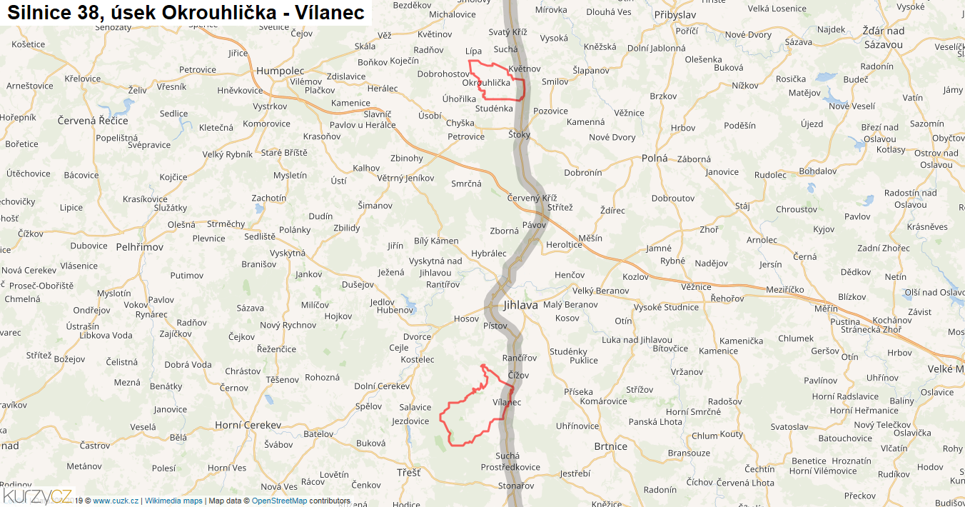 Úsek Okrouhlička - Vílanec, Silnice 38 - Mapa