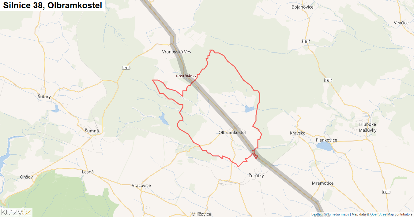 Olbramkostel, Silnice 38 - Mapa