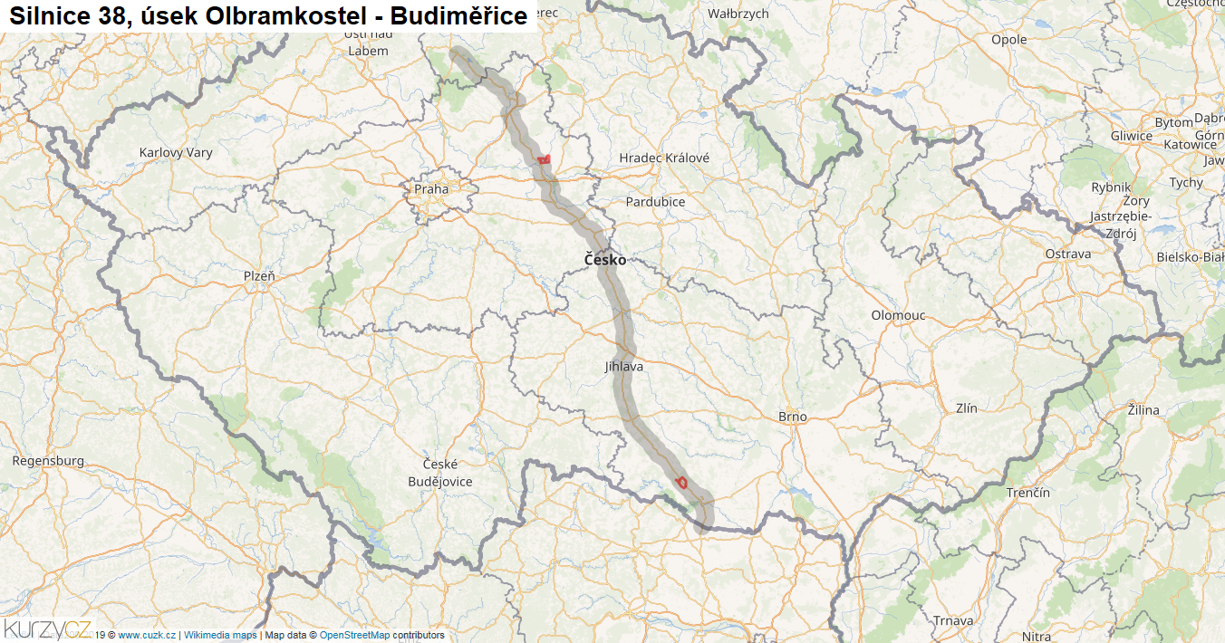 Úsek Olbramkostel - Budiměřice, Silnice 38 - Mapa