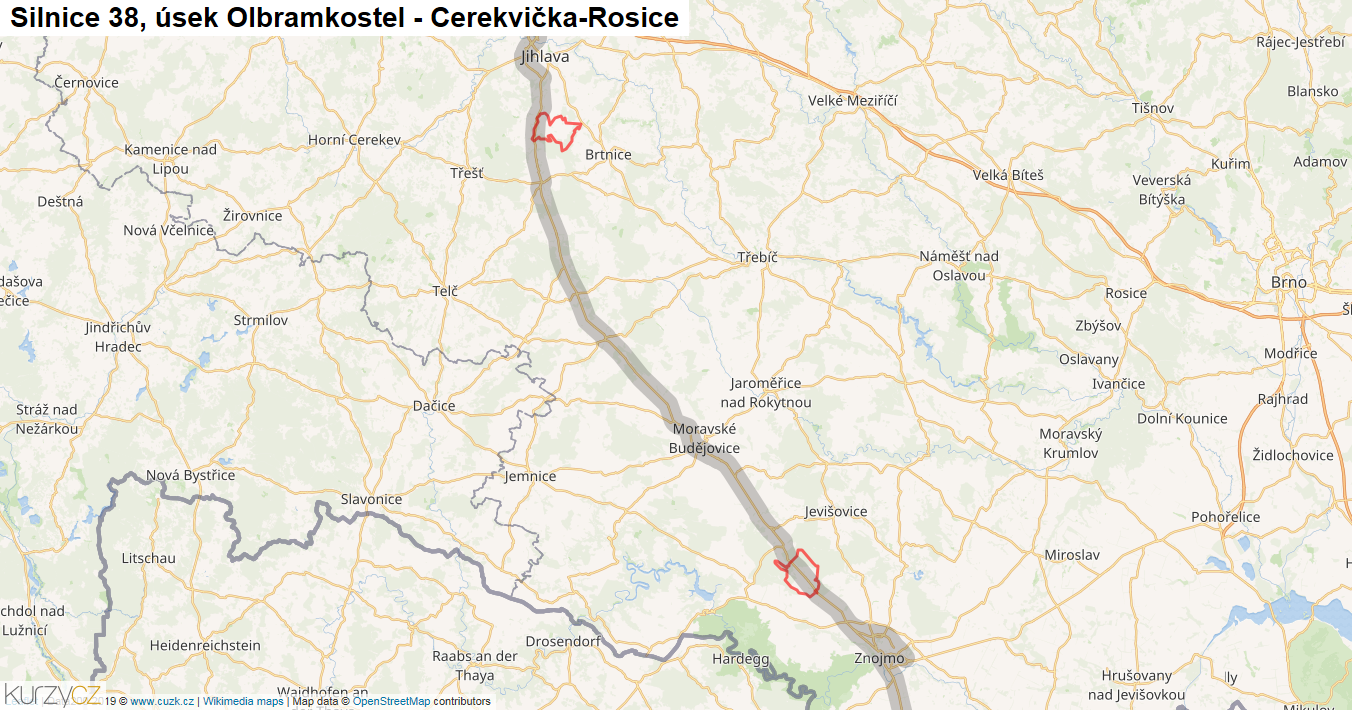 Úsek Olbramkostel - Cerekvička-Rosice, Silnice 38 - Mapa