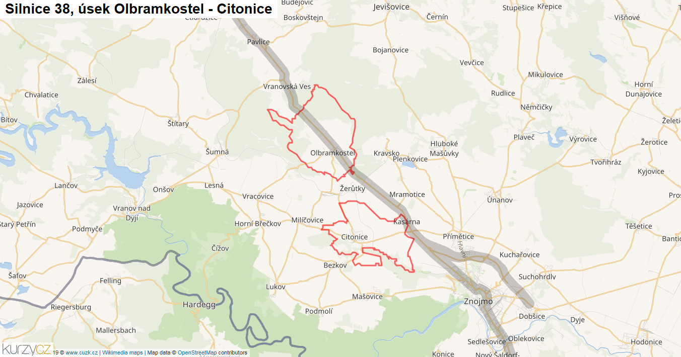 Úsek Olbramkostel - Citonice, Silnice 38 - Mapa