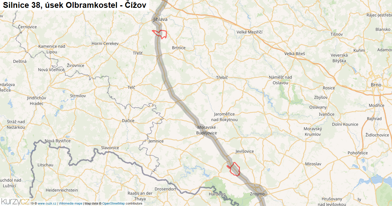 Úsek Olbramkostel - Čížov, Silnice 38 - Mapa